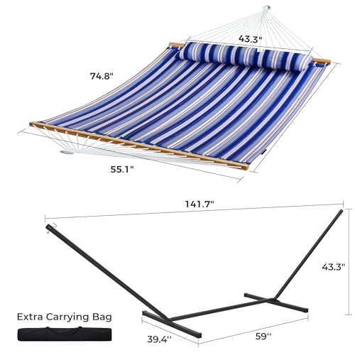 SUPERJARE Hammock with Stand, 2 Person Quilted Outdoor Hammock, Detachable Pillow & Bamboo Spreaders, Portable Hammock with Carrying Bag, Heavy Duty Stand, Perfect for Outside, Navy Blue Stripe - color: Navy Blue Stripe, size: 55.1"W × 74.8''D × 43.3''H