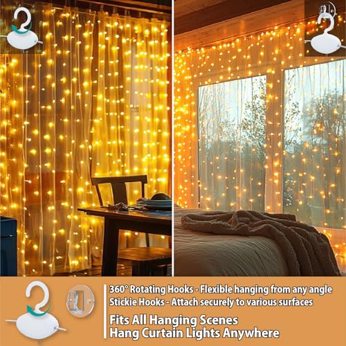 HXWEIYE 300LED Fairy Curtain Lights, 9.8x9.8Ft USB Plug-in 8 Modes Christmas String Hanging Lights with Remote for Bedroom Backdrop Wedding Indoor Wall Decor, Warm White, Standard – 1 Pack - color: Warm White, size: Standard – 1 Pack