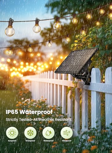 Brightown 208FT Solar String Lights Outdoor Waterproof with Remote, Solar Patio Lights with 100 Shatterproof LED Bulbs, 3 Light Mode, Dimmable & Timer, Hanging String Lights for Porch Garden Bistro - size: 208FT G40