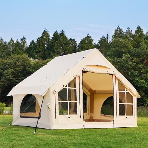 KNUO Inflatable Camping Tent, Large Blow-Up Air Tent, No Assembly Needed Luxury Glamping House, Oxford Fabric - color: Light Beige-Dual-layer Doors, size: 10x7.2ft