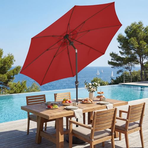 JEAREY 9FT Outdoor Patio Umbrella,Market Table Umbrella with 8 Fiberglass Ribs, Pool Umbrella with Tilt and Crank, UV Protection Lightweight & Wind-Resistant for Lawn, Garden, Deck and Backyard, Red - color: Red