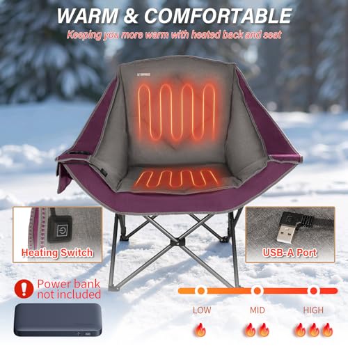 Heated Camping Chairs,Oversized Padded Heating Lawn Chair with Cup Holder,Wide&Thick,Heavy Duty Folding for Patio,Tailgates,and Sports,Battery NOT Included,Purple - color: Purple-heated
