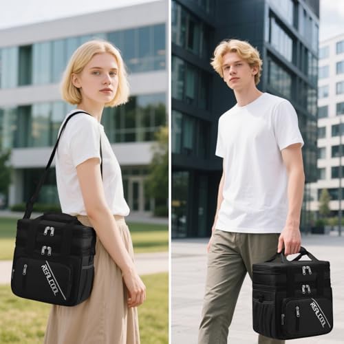 RealCool Lunch Bag, Insulated Lunch Box for Men Women, Double Deck Leakproof Soft Cooler Bag with Adjustable Strap, Reusable Lunchbox for Work, Travel, Camping (Black) - color: Black