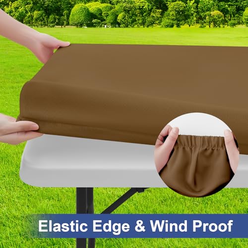 homing Rectangle Table Cloth Cover, Waterproof Polyester Elastic Fitted Tablecloth, Fits for 4 Foot Folding Tables, Washable Table Protector for Picnic, Camping, Outdoor (Brown, 24" x 48") - color: Brown, size: 48" x 24" (Rectangular)