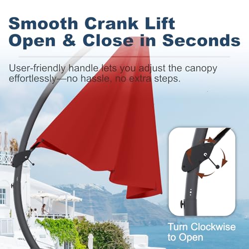 12FT Cantilever Umbrella with Base Large Curvy Outdoor Aluminum Offset Umbrella w/ 360° Rotation, UV Resistant Canopy for Patio, Garden, Backyard, Red - color: Red, size: 12FT