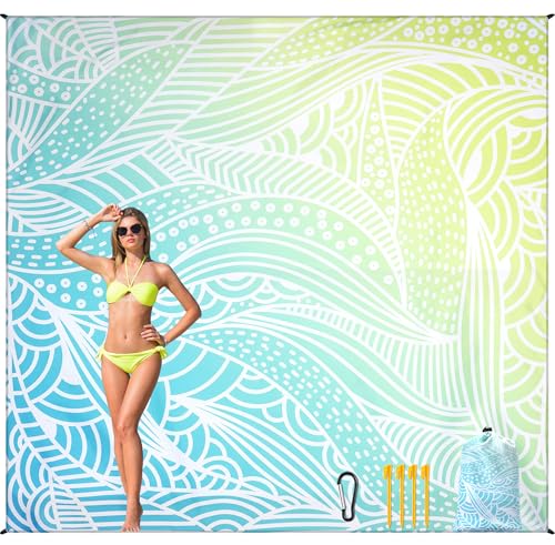 HIHOHO Beach Blanket Waterproof Sandproof Beach Mat for 1-8 Adults Quick Drying Durable Outdoor Picnic Mat for Beach Festival Travel Camping Hiking (Gradiant BL&GN-Ripple, 79"×108"(6 Person)) - color: Gradiant Bl&gn-ripple, size: 9' x 6'7" (6 Person)