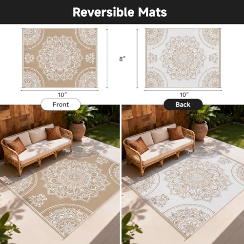 Pauwer Waterproof Outdoor Rug 8x10, Reversible Plastic Straw Patio Camping Rug, Indoor Outdoor RV Mat Carpet for Deck, Camper, Porch, Balcony, Backyard, Picnic, Floral Brown - color: Floral Brown, size: 8' x 10' (Rectangular)
