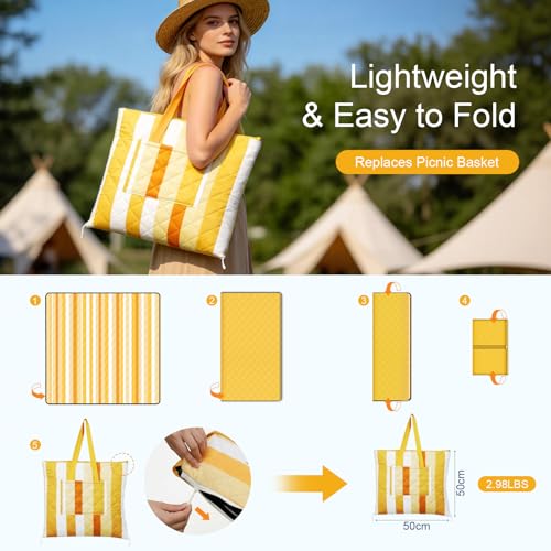2 in 1 Tote Picnic Blanket Waterproof Outdoor Camping Mat,Large Capacity Beach Blanket 80''x80'' 7 Layers Easy to Foldable and Carry. - color: Yellow