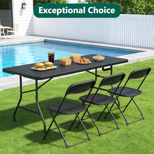 Folding Table 6FT Heavy Duty Plastic Table with Handle, Foldable&Portable, Fold-in-Half Utility Tables for Outdoor, Dining, Wedding, Events, Indoor, Picnic, Camping, Party, Black - color: Black, size: 6FT