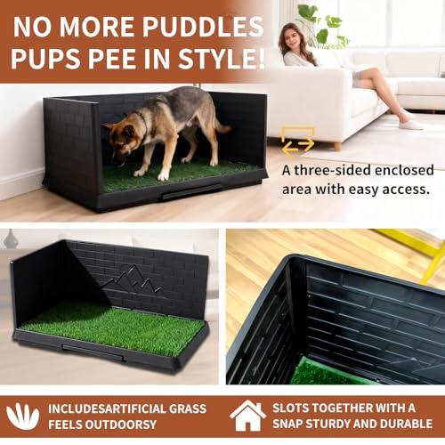 Dog Grass Pad with Tray, Puppy Potty Training System with 3 High Walls - Splashproof and Easy to Build, 2 Reusable Premium Grass Pads, Indoor Drawer-Type Fake Turf Pee Litter Box for Small Dogs