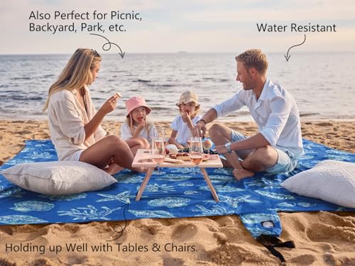 WEKAPO Beach Blanket Waterproof Sandproof Oversized, Extra Large Beach Mat Sand Free, Lightweight & Compact Sand Free Mat with 5 Stakes & 4 Corner Pockets - color: Blue Sea Shells, size: 9 x 8 FT (1～6 person)