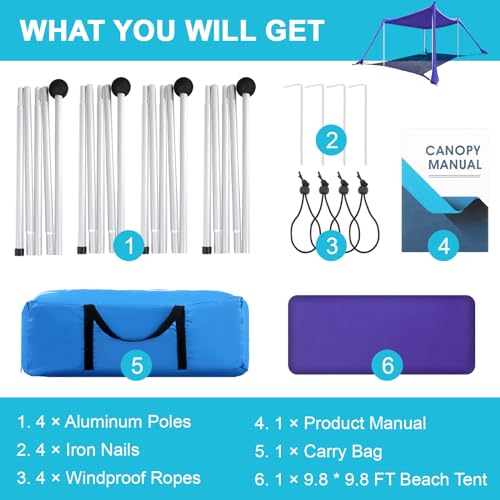 Beach Tent - 10 x 10 FT Beach Canopy, Portable Beach Tent Sun Shelter UPF50 with 4 Sandbags, Anti-Wind Ropes,Ground Pegs, and Stability Poles,Outdoor Beach Shade Canopy for Camping - style: 10*10 FT 4 Pole-Royal Blue
