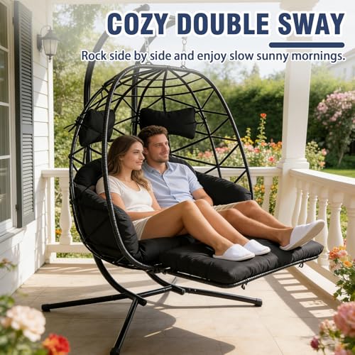 Double Egg Swing Chair with Stand, Oversized 2-Person Indoor Outdoor Hanging Hammock Chairs with Cushion, Wide and Large Comfy Loveseat, Sturdy Porch Swings for Bedroom, Balcony, Garden (Black)
