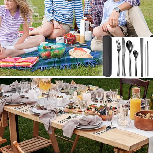 AARAINBOW 6 Pieces Stainless Steel Flatware Set Portable Reusable Cutlery Set Travel Utensils Set Including Chopsticks Knife Fork Spoon Straws Cleaning Brush Dishwasher Safe (7 Black) - color: 7 Black