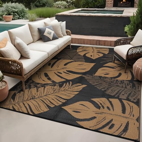 GarveeLife Large Outdoor Rugs 9x18 Waterproof Plastic Straw Rug for Patio, Reversible Modern Camping Rug with Portable Bag & Stakes, Foldable & UV Resistant, Outdoor Carpet for Yard Deck, Brown - color: Leaf|black&brown, size: 9' x 18' (Rectangular)