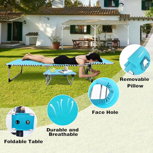 Sun Tanning Chair with Face Hole 5-Position Folding Lounge Chair Outdoor with Portable Beach Table for Poolside Sunbathing Camping Lawn Backyard - color: Blue, size: Tanning Chairs Standard