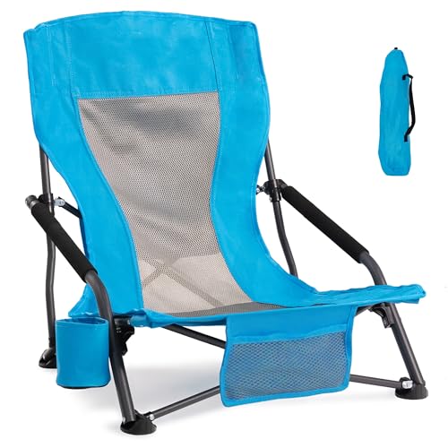 Portable Folding Beach Chair for Adults - Lightweight Low Back Sling Chair with Cup Holder & Storage Pocket, 300lbs Capacity Camping Chair for Outdoor, Lawn, Concert, Travel (Blue) - color: Blue, size: 1 pcs