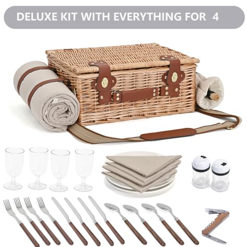 Picnic Basket with Blanket and Wine Pouch for 4, Wicker Picnic Set with Insulated Liner Cooler Bag Hamper for Camping,Wedding - Natural - color: Natural With Blanket for 4