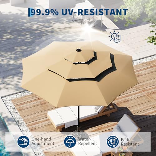 Garvee 10Ft 3-Tier Patio Umbrella, Outdoor Table Umbrella with Vents, Easy Crank and Push Button Tilt, Market Umbrella with 8 Sturdy Ribs for Pool, Deck, Yard, Garden -Tan - color: Tan, size: 10FT