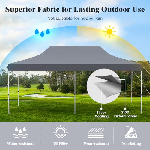 Tangkula 10x20 Ft Pop Up Canopy, Instant Setup Outdoor Tent with 6 Sand Bags, 12 Stakes & 6 Ropes, UPF 50+ Portable Canopy Tent with Carrying Bag for Camp, Beach, Patio (Grey) - color: Gray, size: 10x20 Ft