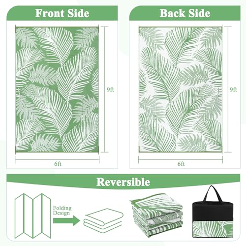 Pauwer Waterproof Outdoor Rug 6x9, Reversible Plastic Straw Patio Camping Rug, Indoor Outdoor RV Mat Carpet for Deck, Camper, Porch, Balcony, Backyard, Picnic, Leaf Green - color: Leaf Green, size: 6' x 9' (Rectangular)