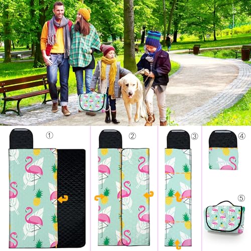 Extra Large Picnic Blanket Waterproof,80"x 80"Foldable Machine Washable Beach Blankets,Outdoor Blanket for 6-8 Adults,Picnic Mat Suitable for Indoor Crawling,Park Beach,Camping,Hiking,Travel（Flamingo） - color: Green Flamingo, size: 6'8" x 6'8" (Square)