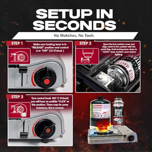 Grill Boss Dual Fuel Camp Stove - 12,000 BTU Butane & Propane Portable Stoves for Camping, Emergencies, BBQ, Hiking & Backpacking - Double Wind Guard, Instant Piezo Ignition System - 90057 - style: Stove2025
