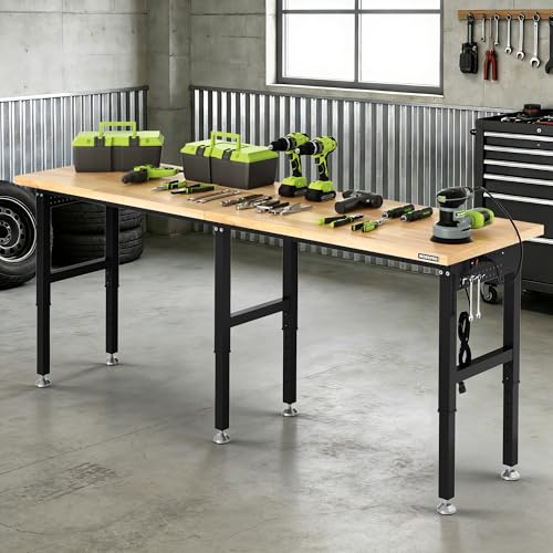WORKPRO 96x24" Heavy-Duty Adjustable Workbench, 4000LBS Load Capacity Work Table with Power Outlet & Pegboard, Rubber Wood Top Workstation with Leveling Foot for Garage, Workshop - size: 8FT workbench