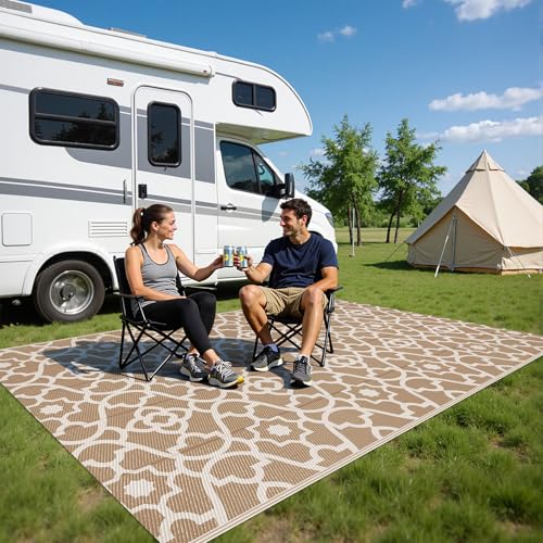 HEBE Outdoor Rug Waterproof 5x8, Plastic Straw Rug Camping Rug, Reversible Outdoor Patio Rugs RV Mat Clearance, Indoor Outside Floor Carpet for Porch,Deck,Camper,Balcony,Backyard - color: Beige, size: 5' x 8' (Rectangular)