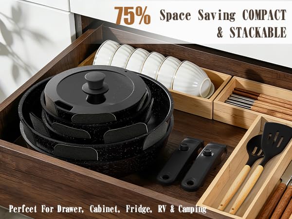 Umite Chef 21Pcs Pots and Pans Set Non Stick, Nonstick Cookware Sets Detachable Handle, Non Toxic Induction RV Kitchen Cooking Set, Dishwasher/Oven Safe, Fridge Safe, Space Saving(Black) - color: Black