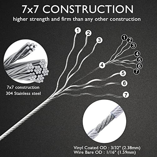 Wire Rope, 48 Ft (12ft x 4) Vinyl Coated Stainless Steel Wire Cable Ropes Hardware Kits for Outdoor Shade Sail Installation, Clothes Line, Picture Hanging Wire,Hanging Lights - size: 4 Pcs Cables Only