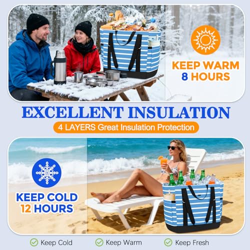 HUANLANG Soft Cooler Bag Insulated for Travel,Large Insulated Grocery Bags with Zippered Top,PEVA Collapsible Food Delivery Cooler Bag for Beach, Travel, Picnics - color: Blue and white stripes