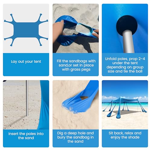 Beach Canopy Beach Tent Pop Up Shade 10x10ft Sun Shelter UPF50+ with 8 Sandbags-2 Sand Shovel-4 Aluminum Poles-Ground Pegs-Portable Carrying Bag for Outdoor Family Camping Fishing Yard Picnic - color: Sea Wave