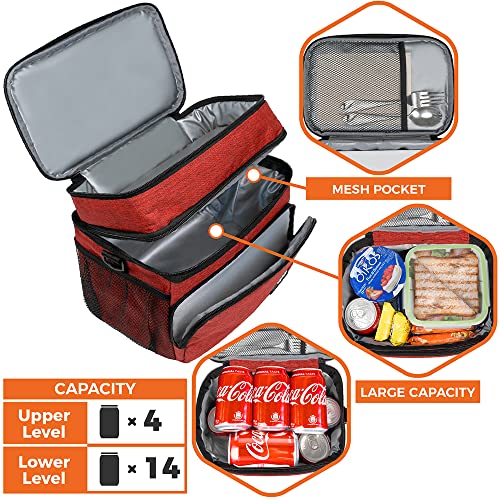 opux Insulated Lunch Bag for Men Women, Large Dual Compartment Cooler Bag, Soft Two Deck Lunch Box for Work School Picnic, Leakproof Lunch Tote with Shoulder Strap for Kid Adult (Red, Double Deck) - color: Heather Red, size: Double Deck