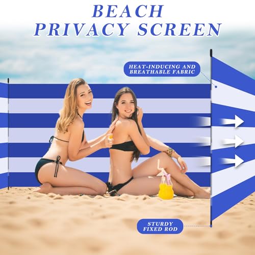 25 x 4 FT Beach Wind Screen Long Blue White Privacy Screen Portable Beach Wind Fence Blocker with 5 Foldable Metal Poles and Carry Bag for Summer Outdoor Sand Protection