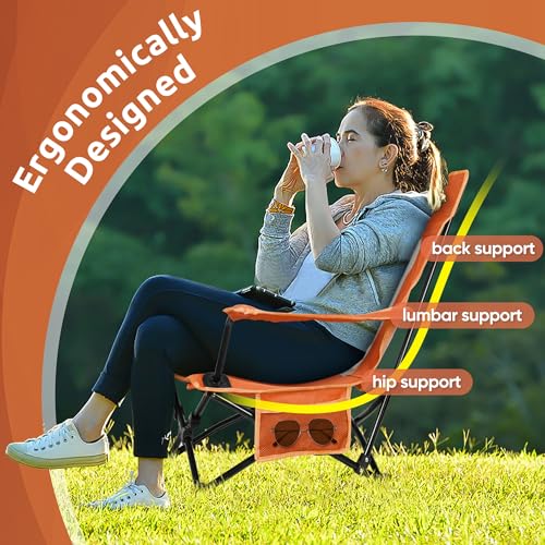 HaSteeL Folding Beach Chair Set of 2, Foldable Orange Camping Chairs for Outside, Low Beach Chair Portable for Adults Fishing, Picnic, Outdoor BBQ, Travel, Sports, Cup Holder & Storage Bag - color: Orange Chairs