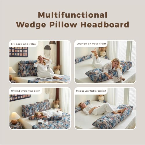 Used as a gift high-end headrest pillow, triangular sponge headboard, queen latex long strip pillow, reading headrest pillow - color: Sky Bloom, size: Queen