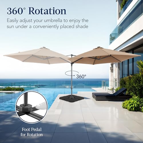 Best Choice Products 10ft Solar LED Offset Cantilever Hanging Market Patio Umbrella, Smooth 360° Rotation, 8 Sturdy Ribs, Easy Adjustment - Tan - color: Tan, size: Offset w/ 360° Rotation