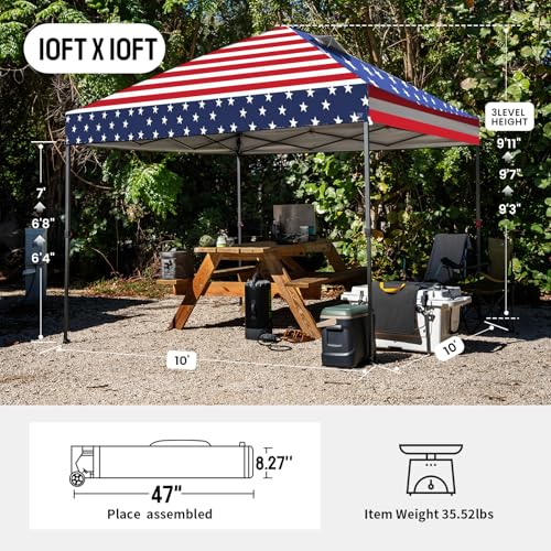 CROWN SHADES 10x10 Pop Up Canopy - Patented Center Lock One Push Instant Outdoor Canopy Beach Tent with STO-N-Go Bag 8 Stakes & 4 Sand Bags，American Flag - style: American flag