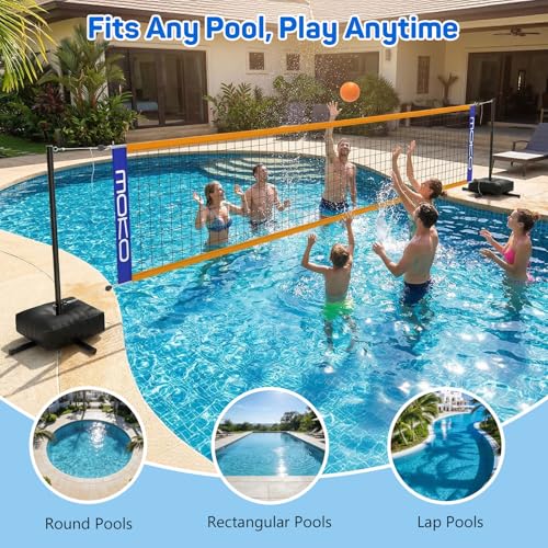 MoKo Pool Volleyball Net, Swimming Pool Volleyballs Set with Adjustable Length 15-25FT, Water Volleyball Stand with Two 25L Dual Water Bags, Pool Games for Adults and Family Members