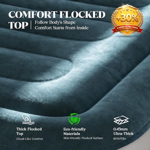 VOSSER Queen Air Mattress with Built-in Pump,Fast & Easy Inflation/Deflation Inflatable Mattress, Foldable Blow Up Mattress with Storage Bag, Inflatable Bed for Home, Camping & Guests - color: Navy Blue, size: Queen 15''(Standard Height)