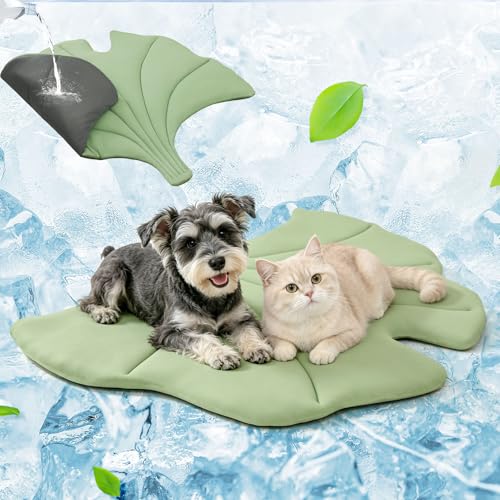 BEAUTYZOO Cooling Mat for Dogs & Cats, Dog Cooling Mat Q-Max>0.4, Double-Sided Pet Cool Pads for Summer, Crate, Kennel, Waterproof Outdoor Cooling Bed, Non-Gel Washable Chill Mats 37"x34" Leaf Shaped - color: Green Ginkgo Leaf, size: Medium