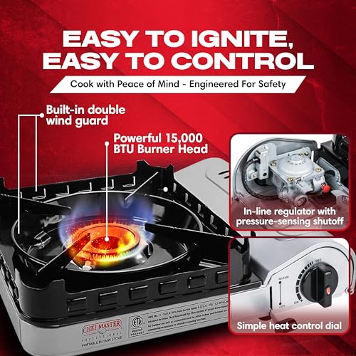 Chef Master 15,000 BTU Butane Portable Camp Stove + 4x 8oz Butane Canisters | Double Wind-Guard Portable Stove Burner w/Piezo Ignition for Emergencies, Tailgating, Hiking & Camping Essentials - 90019 - size: Stove&Fuel