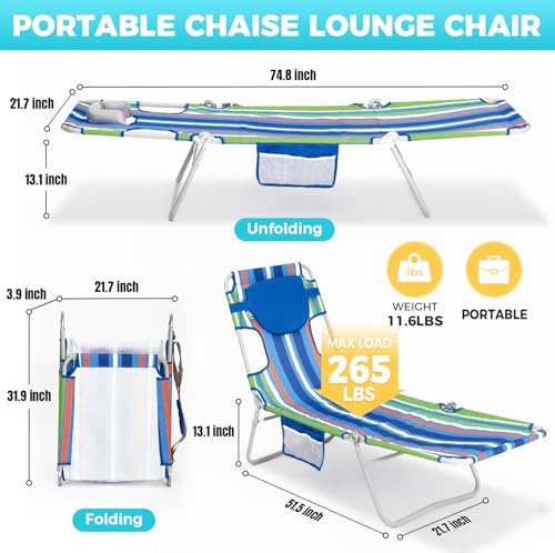 #WEJOY Folding Tanning Chair with Face Hole, 5 Positions Face Down Beach Lounge Chairs with Pillow for Outside Sunbathing Poolside (Blue/Green) - color: Readease-face Hole Blue/Green, style: ReadEase 5 Position Face Hole