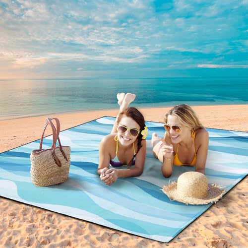AISPARKY Beach Blanket Waterproof Sandproof Extra Large, Oversized Beach Mat, Quick Drying&Compact&Lightweight, Picnic Blankets Vacation Essentials for Outdoor Beach Camping (79" X 83" (4 Person)) - color: Blue - Ocean Waves, size: 6'11" x 6'7"