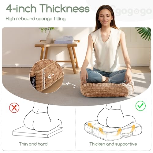 Washable Floor Pillow Cushion for Adults, Meditation Cushion Pillow, Removable Tufted Blended Corduroy Cover, Large Square Floor Sitting for Tatami Living Room or Yoga, 22x22 Inch, Machine Washable - color: Square Coffee, size: 4" Thick(Pack of 1)
