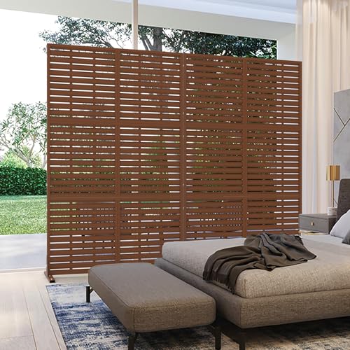 Metal Privacy Screen Outdoor with Stand, 6 ft Tall Decorative Privacy Fence Featuring Simple Assembly, Freestanding Fence Panels & Portable Divider Screens for Patio, Balcony, Garden, Backyard - color: Brown&louvered, size: 72"H x 46.2"D