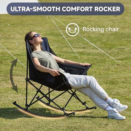 Youtanic Oversized Folding Rocking Camping Chair, Padded Portable Rocking Chair with Pockets, Cup Holder and Carry Bag, Heavy Duty Outdoor Rocker Patio Chair for Garden, Lawn, Up to 400lbs, Navy Blue - color: Navy Blue-black