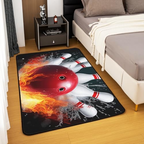 Erosebridal Bowling Party Area Rug for Kids Boys Girls,Bowling Ball Living Room Rugs 5x7,Water and Fire Frame Rug Bedroom Decor,Sports Ball Game Accent Rug Set Non Slip - color: Color 03, size: 4'11" x 6'6" (Rectangular)
