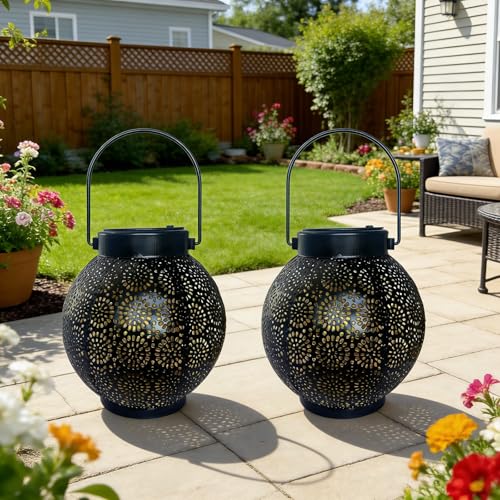 Solar Lanterns Outdoor Hanging 2 Pack, Waterproof Metal Garden Decor Lights, Dusk to Dawn Auto On/Off Solar Powered Lamp for Patio Porch Yard Pathway Tabletop (Classic Black Polka Dot) - color: Classic Black Polka Dot